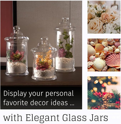 Set of 3 Glass Apothecary Jars with Lids, Clear Bathroom Storage Organizer Canister Set for Qtips, Cotton Swabs, Cotton Balls, Bath Salts (H: 11", 8.5", 7.5", D: 5"; 23 FL.OZ, 34 FL.OZ and 45 FL.OZ)