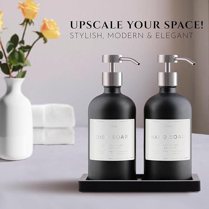 Lotion, Hand & Dish Soap Dispenser for Kitchen Sink - Bathroom Soap Dispenser Set of 2 16.8 Oz Glass Bottles with Stainless Steel Pump, 15 Water Proof Labels & Silicon Tray (Black/Silver)