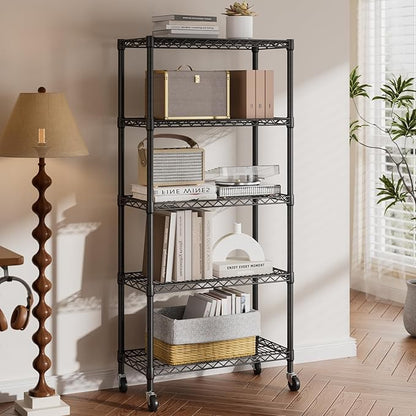 SINGAYE 5 Shelf Adjustable Heavy Duty Storage Shelving Unit with Wheels Steel Organizer Wire Rack Shelves Bathroom Organizers and Shelf Wire Closet Metal Pantry Kitchen Garage 14" DX30 WX70 H Black