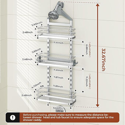 Orimade Aluminum Hanging Shower Caddy Over Head, Adjustable Bathroom Shelf with Hooks, Anti-Slip Rustproof Organizer Storage Rack Basket, Silver, 3 Tier