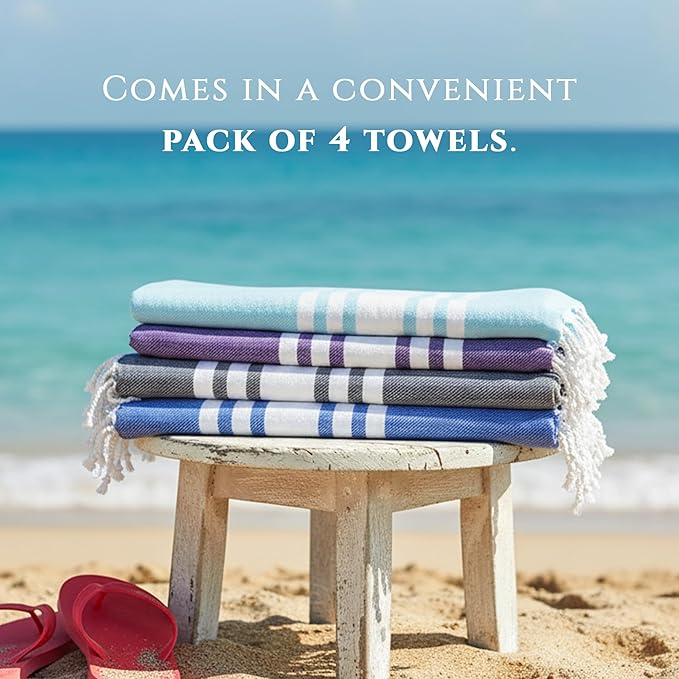 Turkish Cotton Beach Towel Pack of 4 & 1 Boho Tote Bag - Hammam Towels - No Shrink - Quick Dry - Lightweight - Sand Free - Camping - Pool - Beach Essentials - Blue,Gray,Purple, Navy (40"x70")