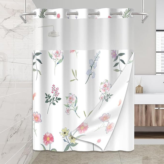 No Hook Shower Curtain Set with Snap in Fabric Liner for Bathroom,with See Through Top Window,Double Shower Curtain with Detachable Liner Replacement,Machine Washable,Simple Flowers,71"x 74"