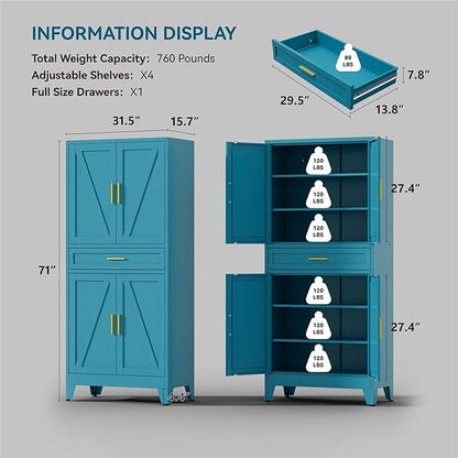 71" Tall Farmhouse Pantry Cabinet,Metal Cabinets with Doors and Shelves,Storage Cabinet for Kitchen Dining Room Garage,Blue Green