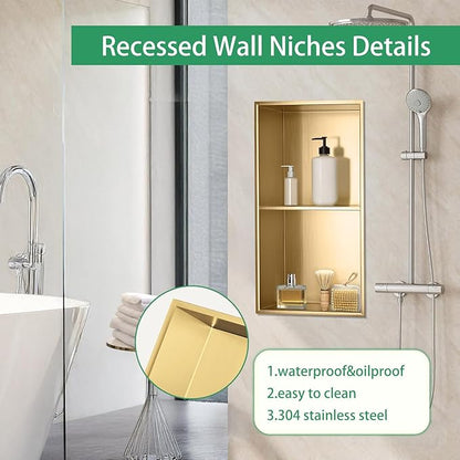 SaniteModar Shower Niche, Stainless Steel Shower Niche 12" X 24" No Tile Needed, Recessed for Bathroom Storage, Brushed Gold Double (Brushed Gold, 12x24,Double)