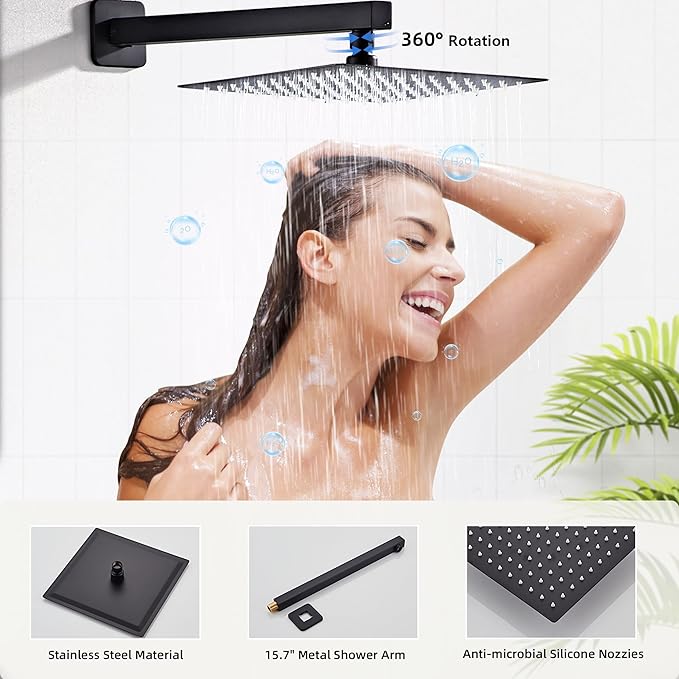 Shower Faucet Set, Matte Black Rainfall Shower System Complete Wall Mounted for Bathroom with 12 Inch Square Shower Head and Handheld Shower Head Rain Mixer Combo Set