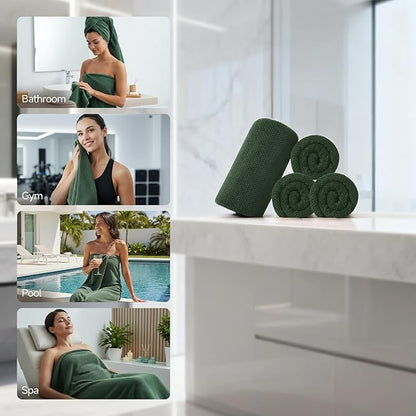 REDKISS 4 Pack Premium Bath Towels, Plush Coral Fleece Towels for Bathroom, Extra Large Bath Towels Set of 4 (35 x 70 in), Super Soft Highly Absorbent Fluffy Shower Towels for Spa, Gym, Travel, Olive
