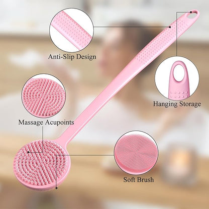 2 Pack Back Scrubber for Shower, 17in Lengthen Long Handle Body Brush, Double Sided Shower Brush for Shower Exfoliating and Massage Can Produce Rich Foam, Long Handle Back Scrubber for Men