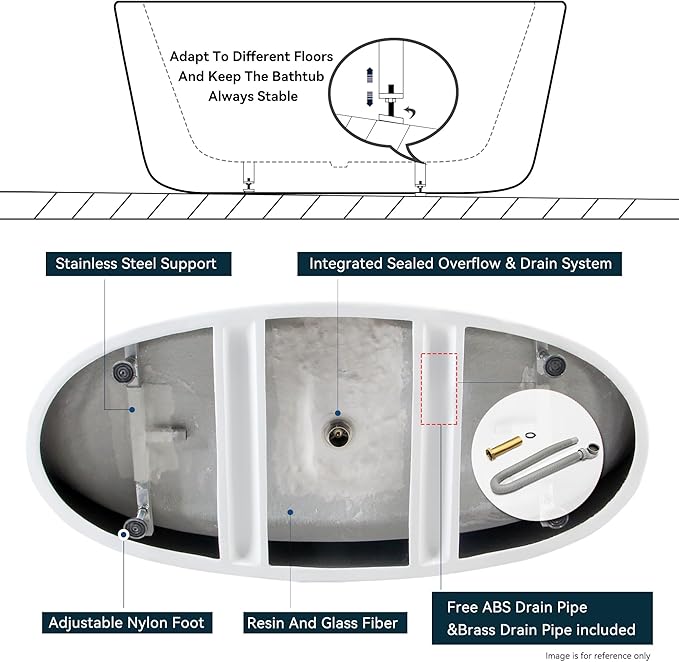 FerdY Tahiti 67" Freestanding Bathtub Elegant Oval Shape, Glossy White Double Walled Insulation bathtub with Center Matte Black Drain, cUPC Certified