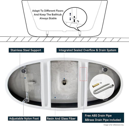 FerdY Tahiti 67" Freestanding Bathtub Elegant Oval Shape, Glossy White Double Walled Insulation bathtub with Center Polished Gold Drain & Overflow, cUPC Certified