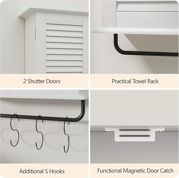 White Wall Mounted Cabinet, Over the Toilet Storage Cabinet, Wooden Wall Cabinet with 2 Doors & Hooks, White Wall Cabinet, Medicine Cabinet Organizer, Storage Cabinets Over Toilet Livingroom Kichen