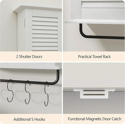 White Wall Mounted Cabinet, Over the Toilet Storage Cabinet, Wooden Wall Cabinet with 2 Doors & Hooks, White Wall Cabinet, Medicine Cabinet Organizer, Storage Cabinets Over Toilet Livingroom Kichen