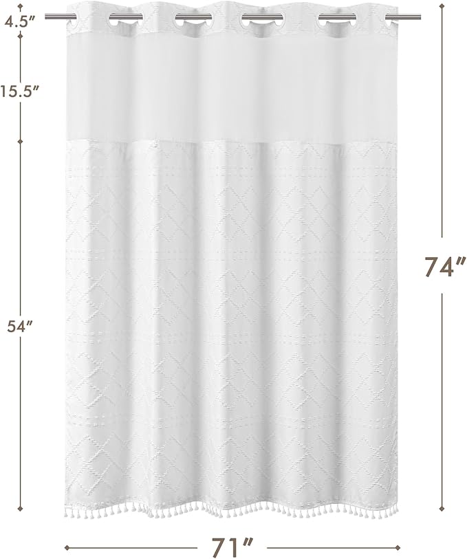 ROSERY No Hook Shower Curtain with Snap in Fabric Liner Set, Boho Farmhouse Jacquard Tufted Geometric Striped Shower Curtain for Bathroom with Tassel, Trellis Pattern, 71" W x 74" L