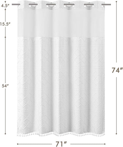 ROSERY No Hook Shower Curtain with Snap in Fabric Liner Set, Boho Farmhouse Jacquard Tufted Geometric Striped Shower Curtain for Bathroom with Tassel, Trellis Pattern, 71" W x 74" L
