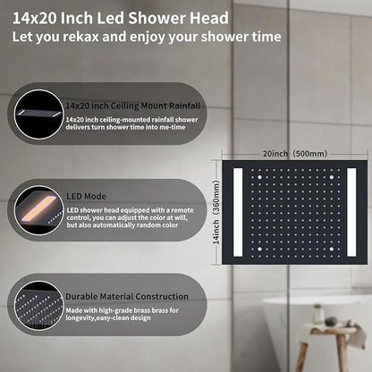 Bathroom shower system Ceiling 14x20 inch shower head, spray with handle, 6 PCS Body Jet and Handheld, temperature display shower faucet set (Matte Black)