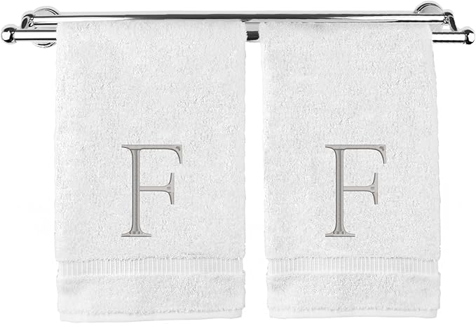 Monogrammed Hand Towel, Personalized Initial Gift, Extra Absorbent 100% Turkish Cotton - Soft Terry Finish - Set of 2 - Silver Block Initial F - Embroidered on White Towels