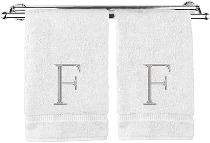 Monogrammed Hand Towel, Personalized Initial Gift, Extra Absorbent 100% Turkish Cotton - Soft Terry Finish - Set of 2 - Silver Block Initial F - Embroidered on White Towels