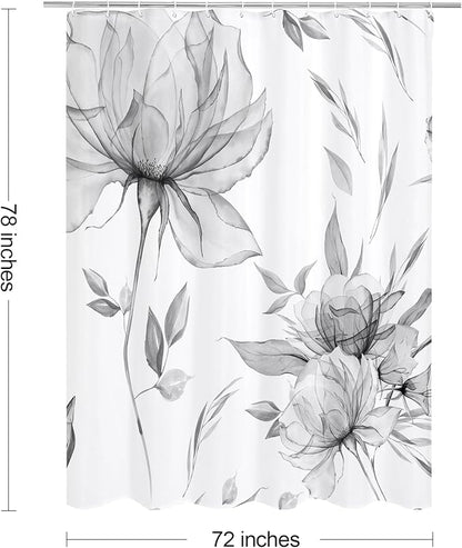 Long Boho Watercolor Floral Shower Curtain 72 x 78, Grey Ink Painting Style Flower Shower Curtains for Chic Elegant Bathroom, Artistic 78 Inch Long Fabric Shower Curtain