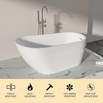 Logmey 59 Inch White Acrylic Freestanding Bathtub with Overflow Oval Shape Soaking Tub with Chrome Drain Assembly for Modern Classic Bathrooms