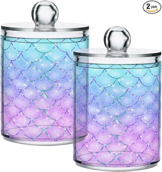 MNSRUU 2 Pack Qtip Holder Organizer Dispenser Pink Blue Mermaid Scales Bathroom Storage Canister Cotton Ball Holder Bathroom Containers for Cotton Swabs/Pads/Floss