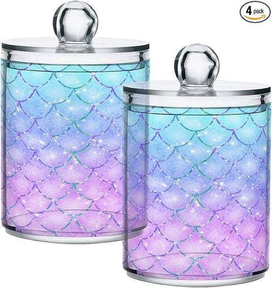 MNSRUU 4 Pack Qtip Holder Organizer Dispenser Pink Blue Mermaid Scales Bathroom Containers Bathroom Vanity Storage Canister Apothecary Jars for Cotton Swabs/Pads/Floss