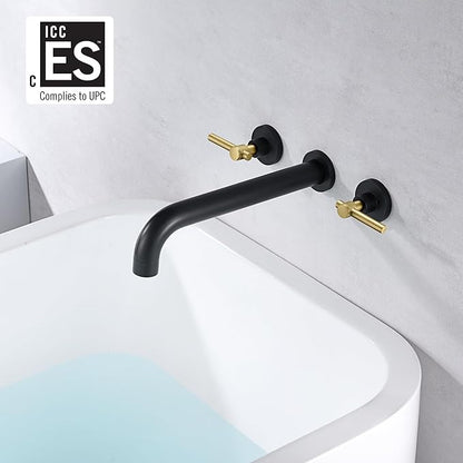 SUMERAIN Wall Mount Bathtub Faucet Set Long Spout Tub Filler High Flow Rate Black and Gold Finish