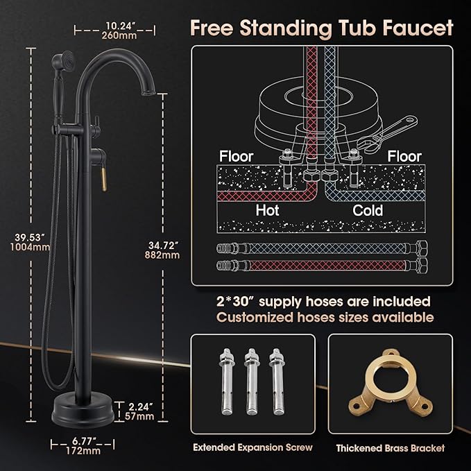 Freestanding Bathtub Faucet Black & Rose Gold Tub Filler High Flow 6.65GPM@60PSI Floor Mount Tub Faucets with Vintage Hand Shower