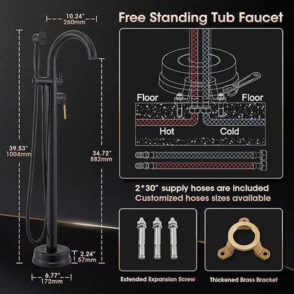 Freestanding Bathtub Faucet Black & Rose Gold Tub Filler High Flow 6.65GPM@60PSI Floor Mount Tub Faucets with Vintage Hand Shower