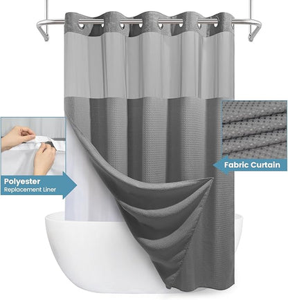 Grey Shower Curtain and Liner Set - 230GSM Waffle Weave Textured Heavy Duty,Hotel Luxury Weighted Bath Curtain,71W x 74H