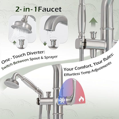 Luxury Free Standing Tub Faucet, Classic Brass Freestanding Bathtub Faucet, Lexdale Bathroom Floor Mount Tub Filler with handheld Sprayer Supply Lines Included Brushed Nickel (LD8911-BN)