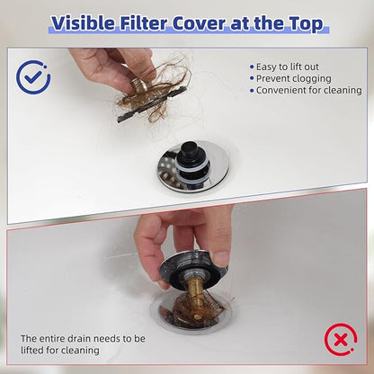 Metal 2 Pack Bathtub Drain Stopper with Top Hair Catcher, Innovative 3 in 1 Pop-up Bathtub Strainer, Tub Stopper with Detachable Stainless Steel Filter Basket for Standard 1.5 to 2.4'' Drain, Chrome