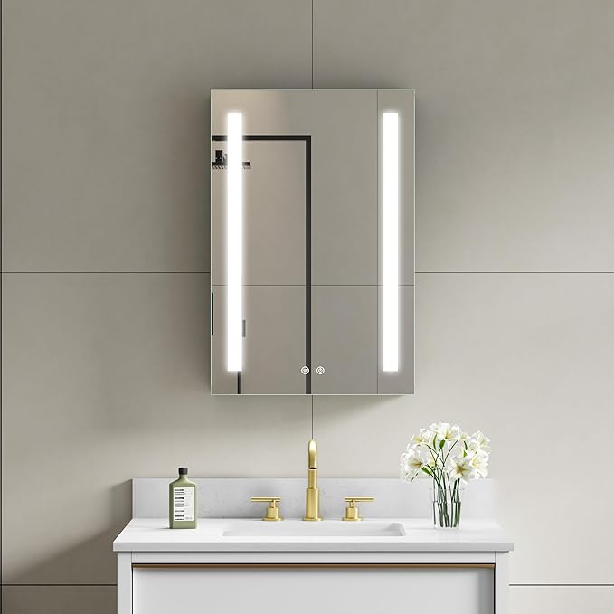 WELLFOR 20" X 30" LED Medicine Cabinet with Mirror, Single Left Opening Door, Recessed or Surface Cabinet Mirror, Bathroom Mirror Cabinet, Medicine Cabinet with Lights with Outlets & USB Ports