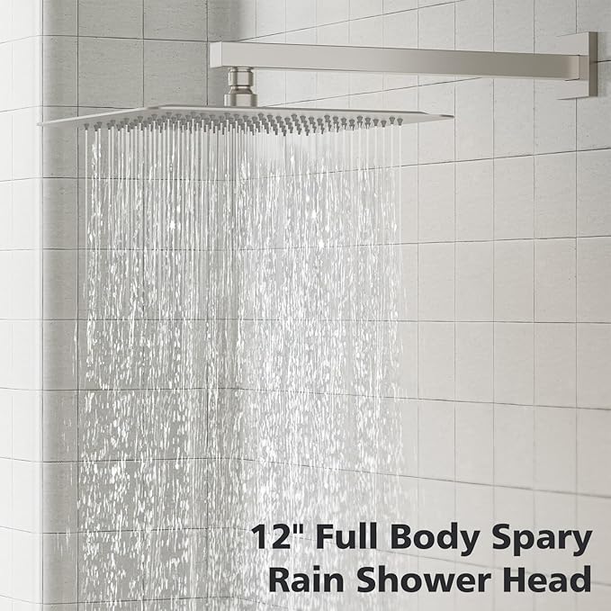 Gabrylly Shower System, Rainfall Shower Faucet Set Complete, 12" High-Pressure Stainless Steel Rain Showerhead with handheld Spray Combo, 2 Way Valve Included, Brushed Nickel