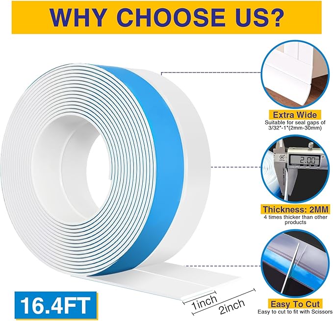 Weather Stripping 16.4FT(L) x 2in(W) Under Door Draft Blocker Silicone Seal Strip for House and Glass Shower, Door Sweep for Collision and Gaps of Doors and Windows, Weatherproof Soundproof (White)
