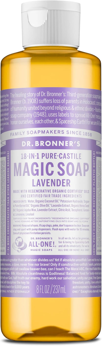 Dr. Bronner's Magic Soap-Pure-Castile Liquid Soap (Lavender, 8 ounce)-Regenerative Organic Certified Oils, 18-in-1 Uses: Body, Hair, Laundry, Pets & Dishes, Concentrated, Vegan, Non-GMO