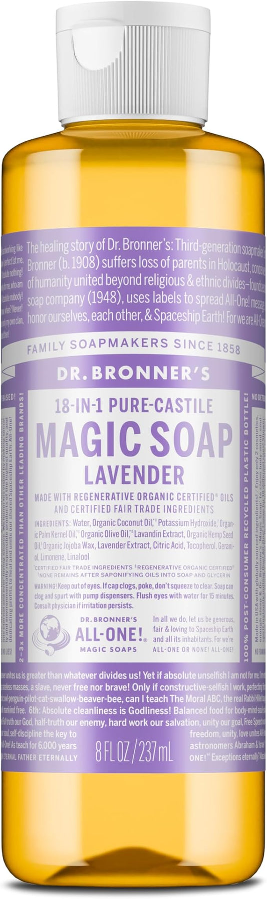 Dr. Bronner's Magic Soap-Pure-Castile Liquid Soap (Lavender, 8 ounce)-Regenerative Organic Certified Oils, 18-in-1 Uses: Body, Hair, Laundry, Pets & Dishes, Concentrated, Vegan, Non-GMO