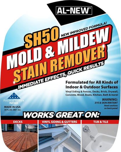 AL-NEW SH50 Mold and Mildew Stain Remover | Scrub Free Formula | Works Great on Decks, Vinyl Siding & Gutters, Tub and Tile (30oz Bottle)