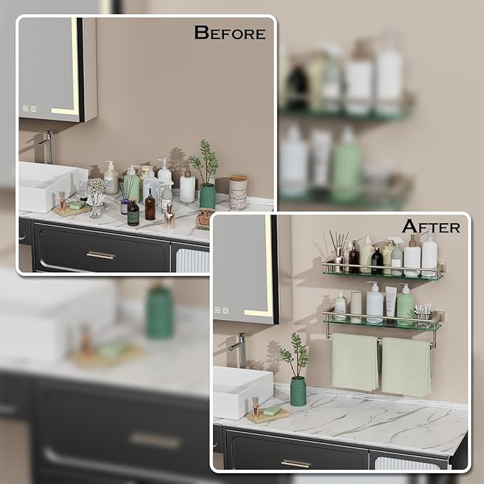 Glass Shelf for Bathroom Wall Sheves 24 inch Rectangular Stainless Steel Tempered Glass Modern Stainless Steel Wall Mount Accessories Organizers Storage (Brushed Nickel, 24‘’)