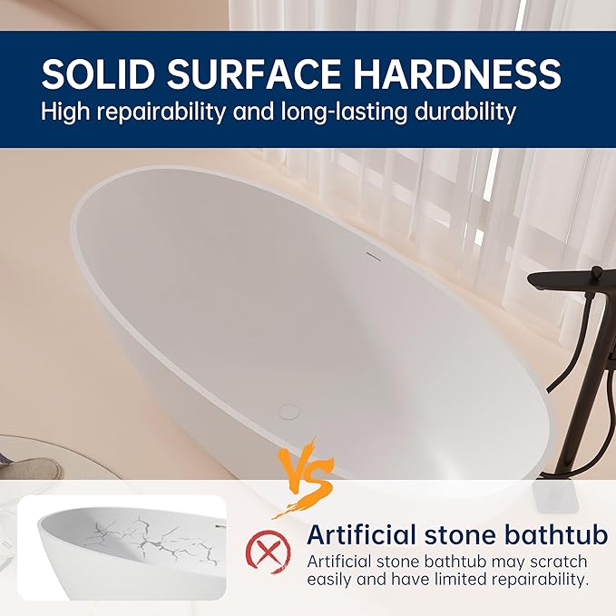 65'' Freestanding Bathtub Resin Stone Soaking Freestanding Tubs Matte Solid Surface Flatbottom Tub with Overflow and Pop-up Drain - White…