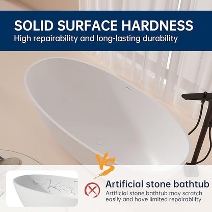 65'' Freestanding Bathtub Resin Stone Soaking Freestanding Tubs Matte Solid Surface Flatbottom Tub with Overflow and Pop-up Drain - White…
