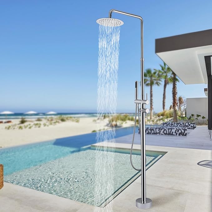 RBROHANT Freestanding Outdoor Shower Chrome, Height Adjustable Outside Showers for Backyard Garden Pool Beach, Outdoor Shower Fixtures with 10” Rain Shower Head and Handheld, Polished Chrome, JK0451