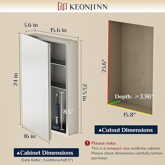 Keonjinn 16.14 x 24.01 Inch Medicine Cabinet, Bathroom Medicine Cabinet with Mirror, Lightweight Aluminum Structure, Assembly Required, in Wall or Wall Mount, Adjustable Shelves, Tempered Glass