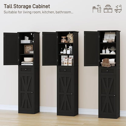 67" H Tall Bathroom Cabinet, Narrow Storage Cabinet with 2 Barn Doors and 1 Drawer, Freestanding Floor Cabinets with 6 Shelves for Bathroom, Living Room, Kitchen, Black