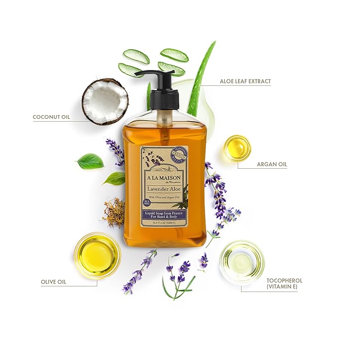A LA MAISON de Provence Lavender Aloe Liquid Hand and Body Soap (Pack of 2) With Argan Oil, Olive Oil and Vitamin E, 16.9 fl oz Each