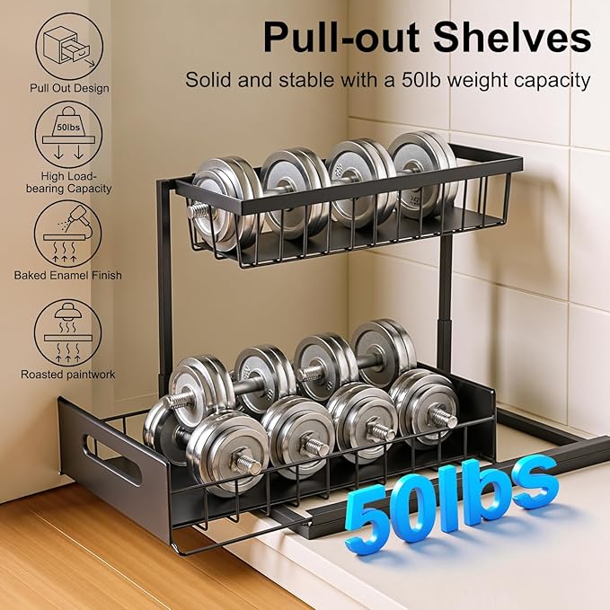 Under Sink Organizer Pull Out Kitchen Sink Organizer, 2 Tier L-Shape Bathroom Organizers and Storage with Sliding Drawer for Kitchen Bathroom Pantry (Black, 1 Pack)