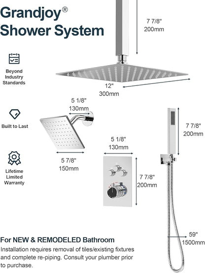 Thermostatic Shower System, Dual Rainfall Shower Heads for Ceilling & Wall Mounted with Handheld Sprayer, Chrome