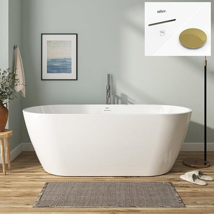 FerdY 67" Bali Acrylic Freestanding Bathtub, Gracefully Shaped Freestanding Soaking Bathtub, cUPC Certified, Toe-Tap Polished Gold Drain and Minimalist Linear Design Overflow Included