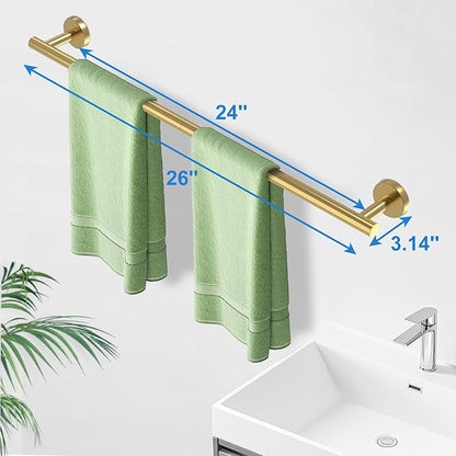 24 Inch Brushed Gold Towel Bar for Bathroom Wall, SUS304 Stainless Steel Bathroom Towel Rack Wall Mounted, Total Length 26-Inch Shower Towel Holder Rod, Modern Home Decor