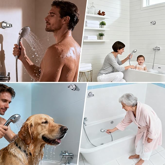 Hibbent 2 Pack Vacuum Suction Cup Shower Head Mount, Removable Shower Head Bracket, Height Adjustable Shower Wand Holder & Wall Mount ABS Plastic Suction Holder for Handheld Showerhead, Chrome