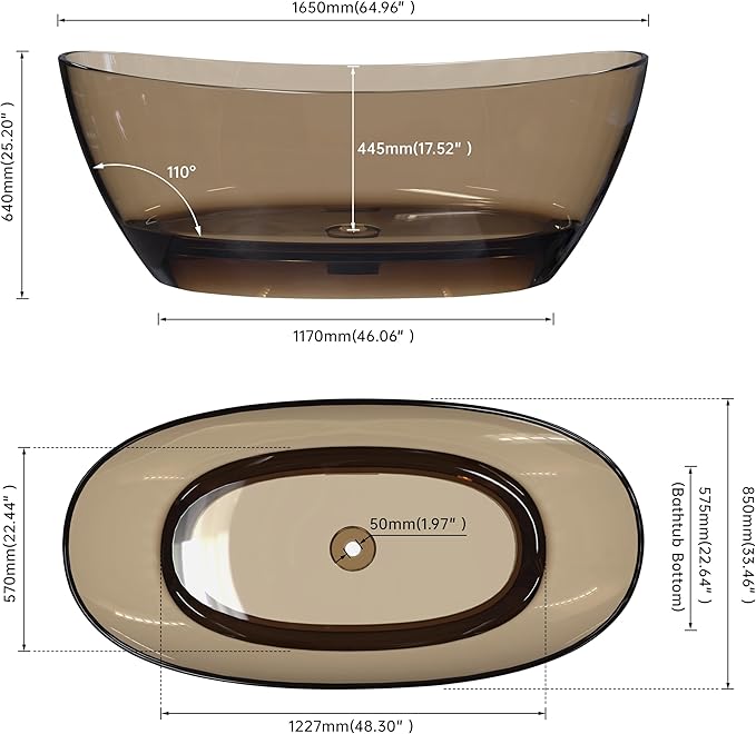 SJ STAR&JANE 65" Solid Surface Freestanding Bathtub Stone Resin Tub Oval Double Slippers Stand Alone Soaking Tub with Pop-up Drain and Overflow,Transparent Sepia