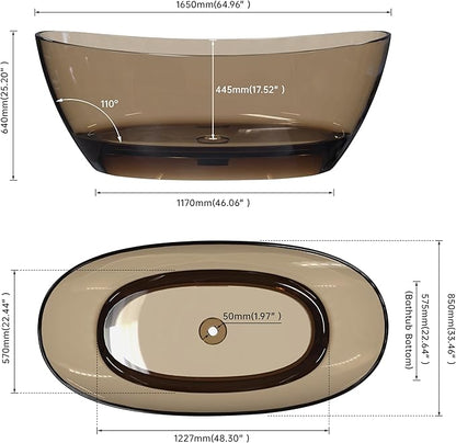 SJ STAR&JANE 65" Solid Surface Freestanding Bathtub Stone Resin Tub Oval Double Slippers Stand Alone Soaking Tub with Pop-up Drain and Overflow,Transparent Sepia